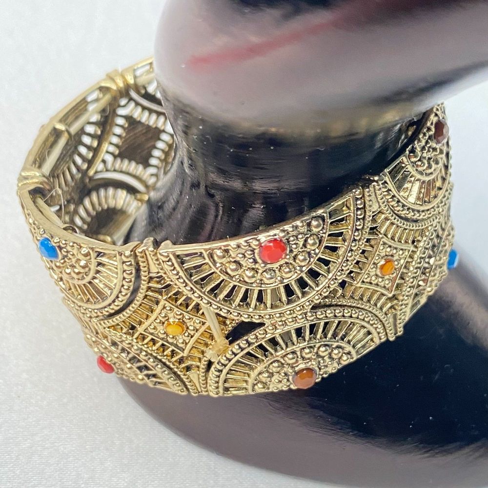 💎Rangoli Inspired Stretch Bracelet Gold Tone Open Work Central Tiny Beads